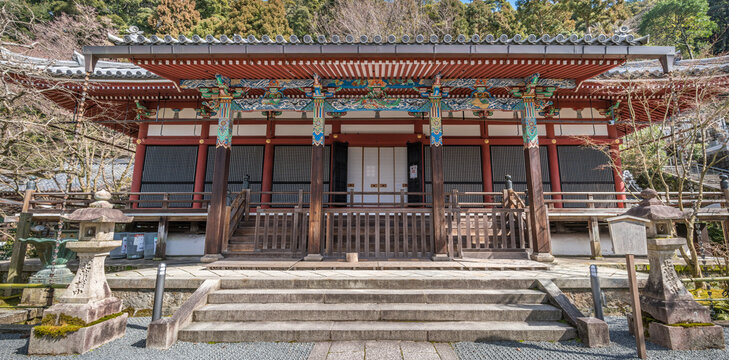 Kyoto, Japan - March 8, 2019 : Panoramic view of Colorful facade at Amida-do Hall, Shojuraigousan Muryojuin Zenrin-ji Eikan-do temple.