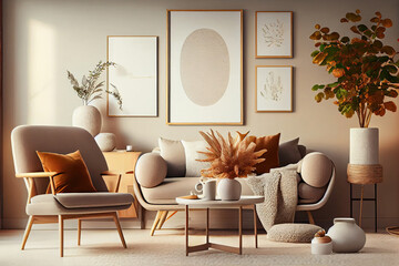 Fototapeta na wymiar Living room with hygge interior, illustration generative AI
