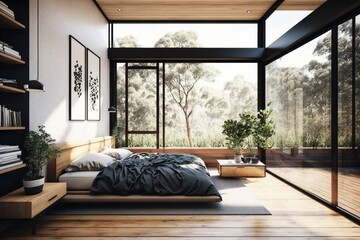 Minimalist stylish bedroom with double bed in luxury villa. Illustration generative AI