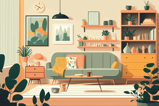 Comfortable sofa, cabinet and side table in living room. Illustration generative AI