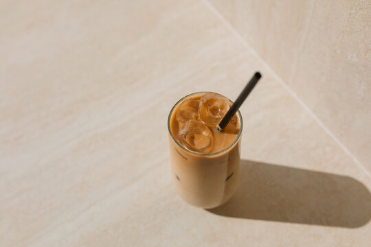 Close-up of a glass of iced coffee on a table