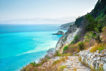 Beautiful nature of Albania, clear blue sea. Traveling. - obrazy, fototapety, plakaty