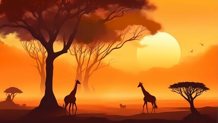 Fototapeta na wymiar Silhouette of giraffes at sunset at african savanna