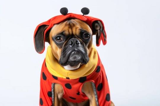 Studio portrait photography of a funny boxer dog wearing a ladybug costume against a white background. With generative AI technology