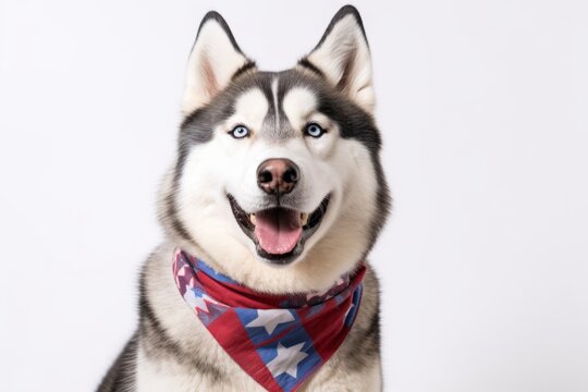 Studio portrait photography of a smiling siberian husky wearing a bandana against a white background. With generative AI technology