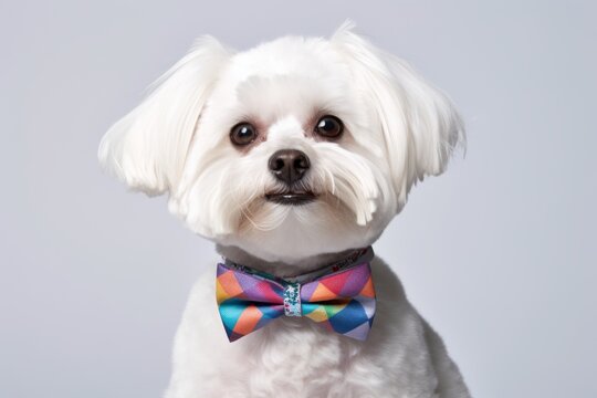 Medium shot portrait photography of a funny maltese wearing a light-up collar against a white background. With generative AI technology