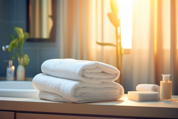 Fototapeta na wymiar Closeup with beautiful white towels in a bathroom in a stylish modern house. Background of the gentle light of nature inserted through the window. Refresh concept of health and beauty.