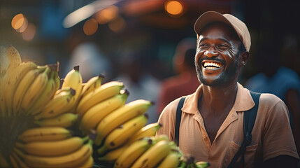 Joyful african american man smiling selling bunch of bananas in fruit market on street. Generative Ai - obrazy, fototapety, plakaty
