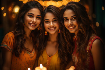 Obraz na płótnie Canvas Indian women group doing flame oil lamp together and celebrating diwali festival.