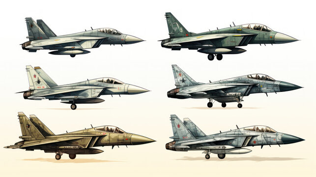 Set illustration of military fighter aircrafts isolated on white background.