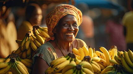 Joyful african american woman smiling selling bunch of bananas in fruit market on street. Generative Ai