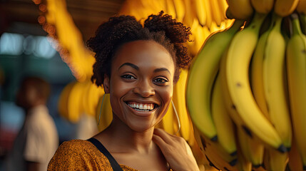 Joyful african american woman smiling selling bunch of bananas in fruit market on street....