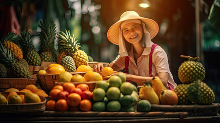Joyful seller woman working in fruit shop. Generative Ai