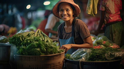 Joyful seller woman working in fruit shop. Generative Ai