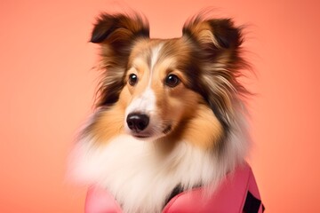 Close-up portrait photography of a funny shetland sheepdog wearing a life jacket against a pastel or soft colors background. With generative AI technology