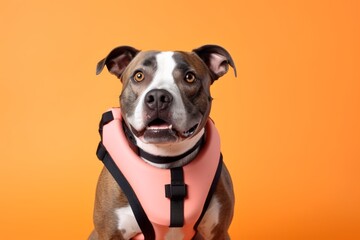Medium shot portrait photography of a funny staffordshire bull terrier wearing a life jacket...