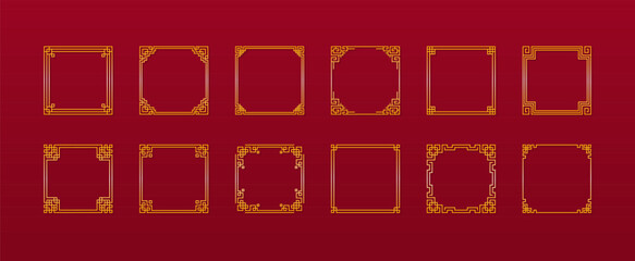 Large set of Chinese square frames in traditional style. Golden Asian frame on red background. Vector illustration.