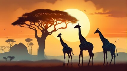 Fototapeta na wymiar Silhouette of giraffes in sunset.