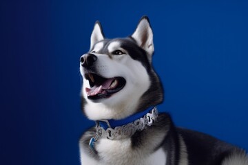 Medium shot portrait photography of a happy siberian husky wearing a spiked collar against a royal blue background. With generative AI technology