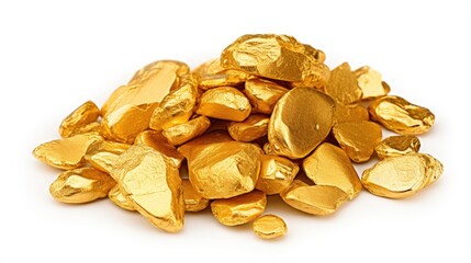 Pile of gold nuggets on isolated white background, generative ai