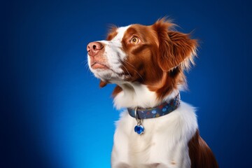 Photography in the style of pensive portraiture of a smiling brittany dog wearing a light-up collar against a royal blue background. With generative AI technology