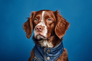 Medium shot portrait photography of a funny brittany dog wearing a leather jacket against a royal blue background. With generative AI technology - obrazy, fototapety, plakaty