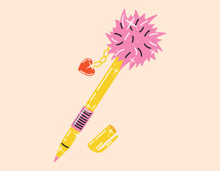 Cute girlish automatic pen with cap, funny pompom and keychain. Vector isolated flat illustration, retro 90s fashion. School equipment stationery.