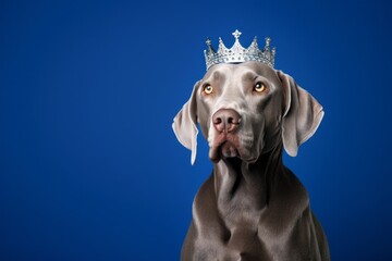 Headshot portrait photography of a cute weimaraner dog wearing a princess crown against a royal blue background. With generative AI technology