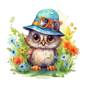 Watercolor owl illustration. Cute bird wearing hat. Owl with flowers