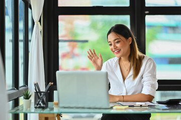 Professional financial consultant looking at laptop, giving internet consultation to customer