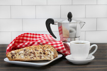Almond, chocolate chip biscotti with espresso coffee pot