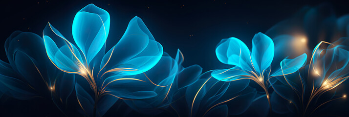 Floral panorama. Luxury wallpaper design with Glow blue flowers. illustration for fabric, prints, cover.