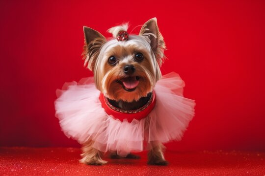 Close-up portrait photography of a smiling yorkshire terrier wearing a tutu skirt against a red background. With generative AI technology