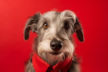 Headshot portrait photography of a happy scottish deerhound wearing a doctor costume against a red background. With generative AI technology