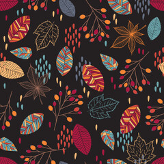 Vector autumn seamless pattern with fall leaves and berries. Colorful illustration. Fall endless background