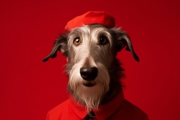 Headshot portrait photography of a happy scottish deerhound wearing a doctor costume against a red background. With generative AI technology
