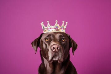 Medium shot portrait photography of a funny labrador retriever wearing a princess crown against a...