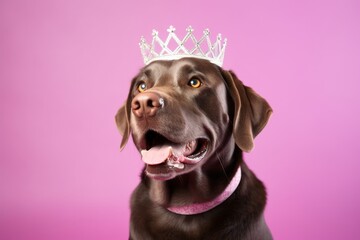 Medium shot portrait photography of a funny labrador retriever wearing a princess crown against a vibrant purple background. With generative AI technology