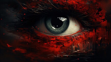 surreal eye over dystopian cityscape