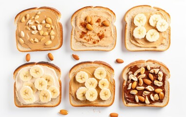 Banana and nuts toasts set with bread and cream, healthy diet with herbs and fruits on isolated white background, top view angle, generative ai