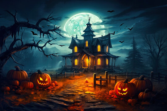 Halloween Background With Big Moon, Old House, Pumpkins