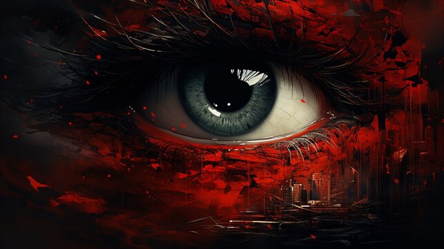 surreal eye over dystopian cityscape