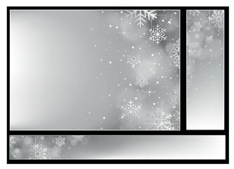 Fototapeta premium Abstract Christmas Backgrounds with Silver Snowflakes and Defocused Light Effects - Set with A4 format and Two Website Banners
