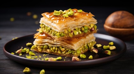 Turkish pakhlava with pistachios on a dark table, generative ai