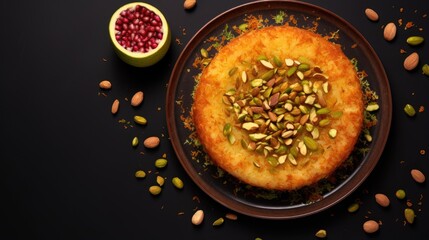 Kunefe with pistachio nut turkish and arabian sweet dessert on dark table, top view angle, generative ai