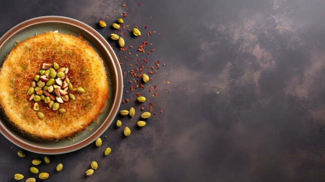Kunefe with pistachio nut turkish and arabian sweet dessert on dark table, top view angle, generative ai