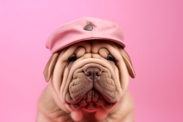 Lifestyle portrait photography of a cute chinese shar pei dog wearing a visor against a pastel pink background. With generative AI technology