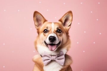 Group portrait photography of a funny norwegian lundehund wearing a cute bow tie against a pastel pink background. With generative AI technology - obrazy, fototapety, plakaty