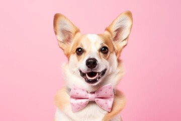 Group portrait photography of a funny norwegian lundehund wearing a cute bow tie against a pastel pink background. With generative AI technology