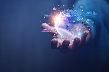 Businessmen present the business world of the graphic future in the form of innovative digital business processing technology. The composition of this image is decorated by NASA.